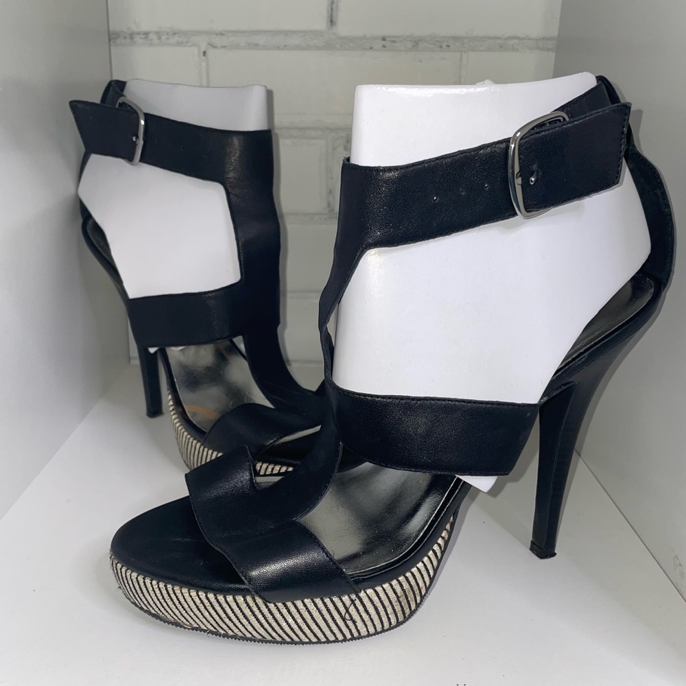 INC Black Leather T strap heeled sandals